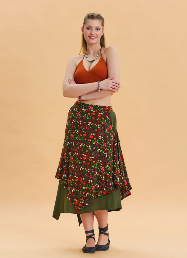 Green Casual Skirt with Elastic Waist and Tie Detail 4521